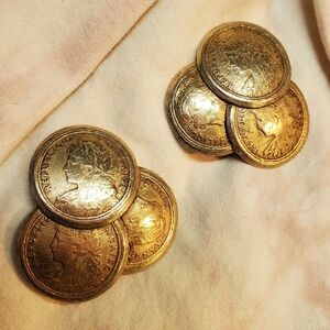 Republique Francaise Coin Gilver Color Clip On Vintage Earrings